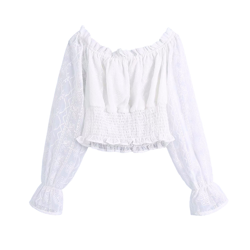 

New Elegant Women Geomtric Embroidery Shirts 2021 Fashion Ladies Slash Neck Short Tops Sweet Female Chic Elastic Waist Blouses 879f, White