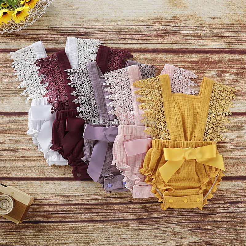 

INS Baby lace Romper Newborn Slings jumpsuits kids bow Summer Solid Color Straps Harness Siamese Climbing Cloths