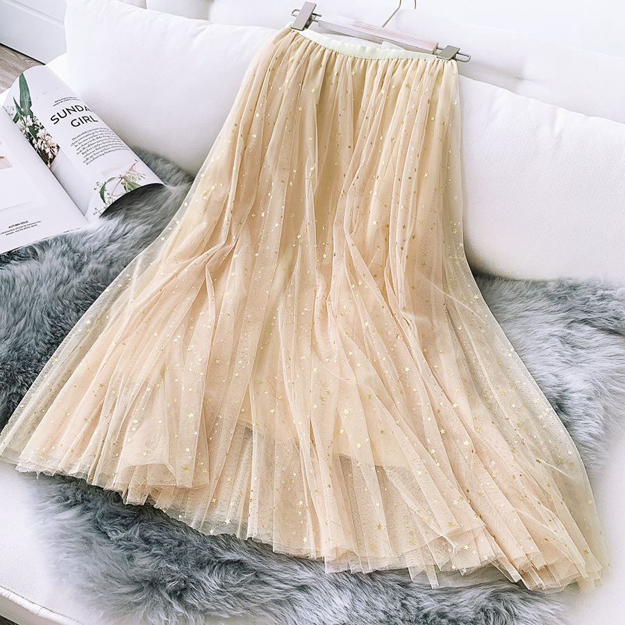 

2021 New Glittering Pentagram Maxi Tulle Women Korean Ladies Elegant Pink Blue Black High Waist Long Skirt Female Tk9w, Apricot