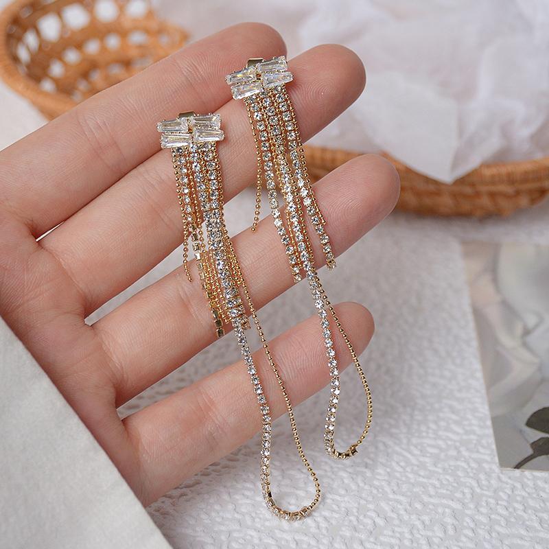 

Stud S925 Sterling Silver Needle Delicate Zircon CZ Elegant Crystal Tassel Earrings For Women 14K Real Gold