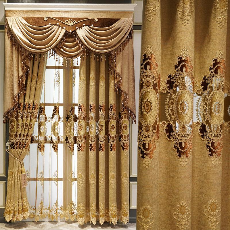 

Luxury Upscale European Embroidery Curtains for Living Dining Room Bedroom Shade Valance Custom Wave Golden Customization, Tulle