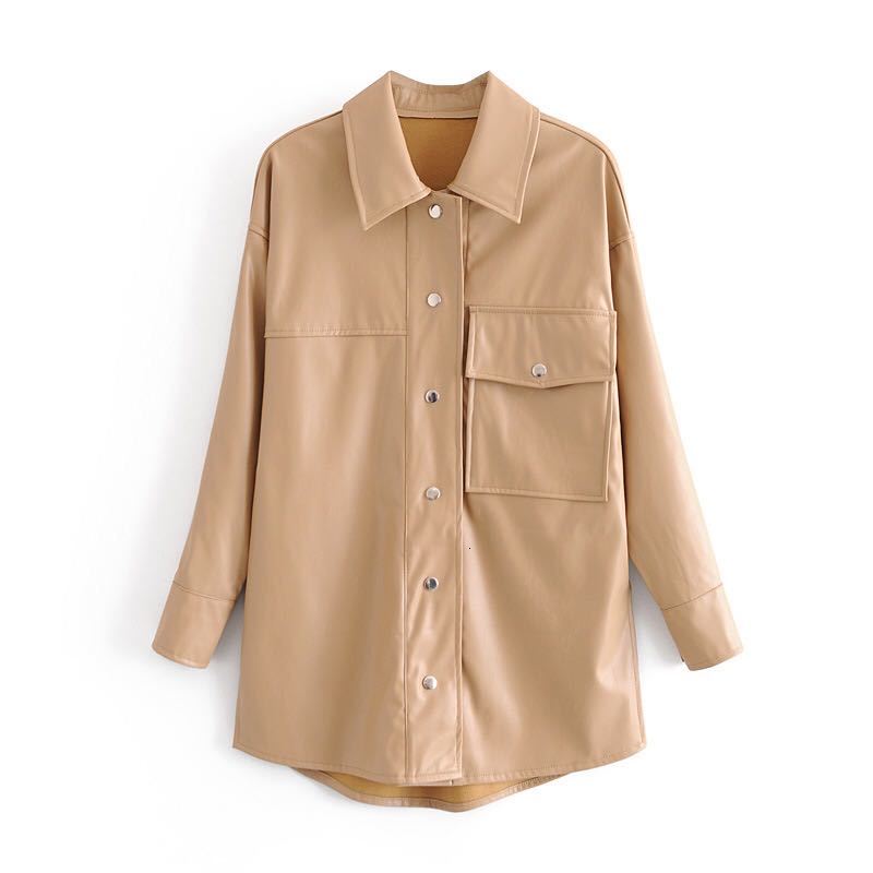 

2021 New Autumn Winter Women Khaki Black Faux Leather Jacket Ladies Long Sleeve Oversize Boy Friend Coat Xs s m l Khbd, C2