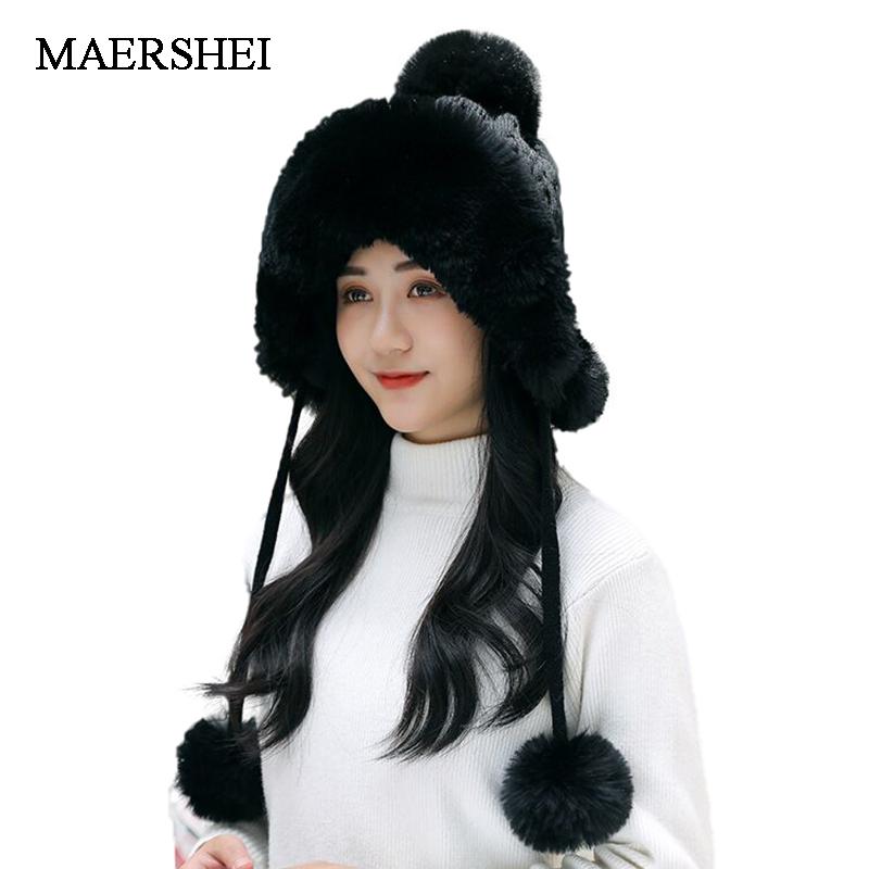 

Beanie/Skull Caps Female Winter Knitted Hats Warm Fur For Women With Keep Face Warmer Balaclava Pompoms Cap, White