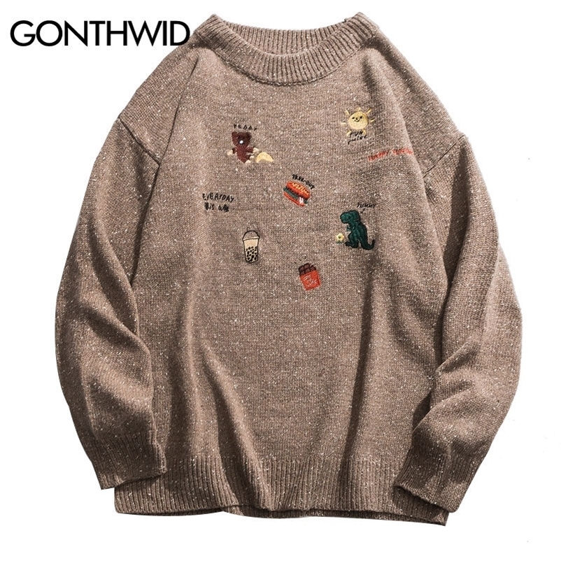 

GONTHWID Embroidery Dinosaur Hamburger Bear Pullover Knitted Sweaters Harajuku Casual Knitwear Jumper Tops Hip Hop Streetwear 201202, Gray khaki