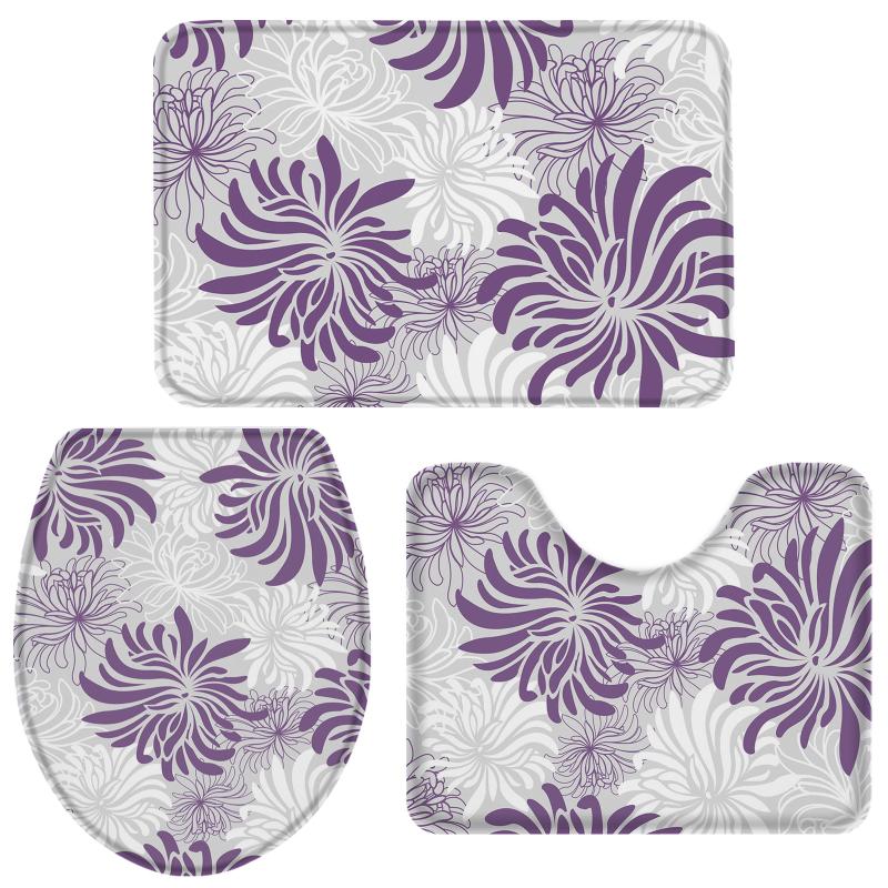 

Chrysanthemum Purple Texture Bathroom Set Toilet Cover Mat Pedestal Rug Non-Slip Bathroom Accessories Set Home Doormat