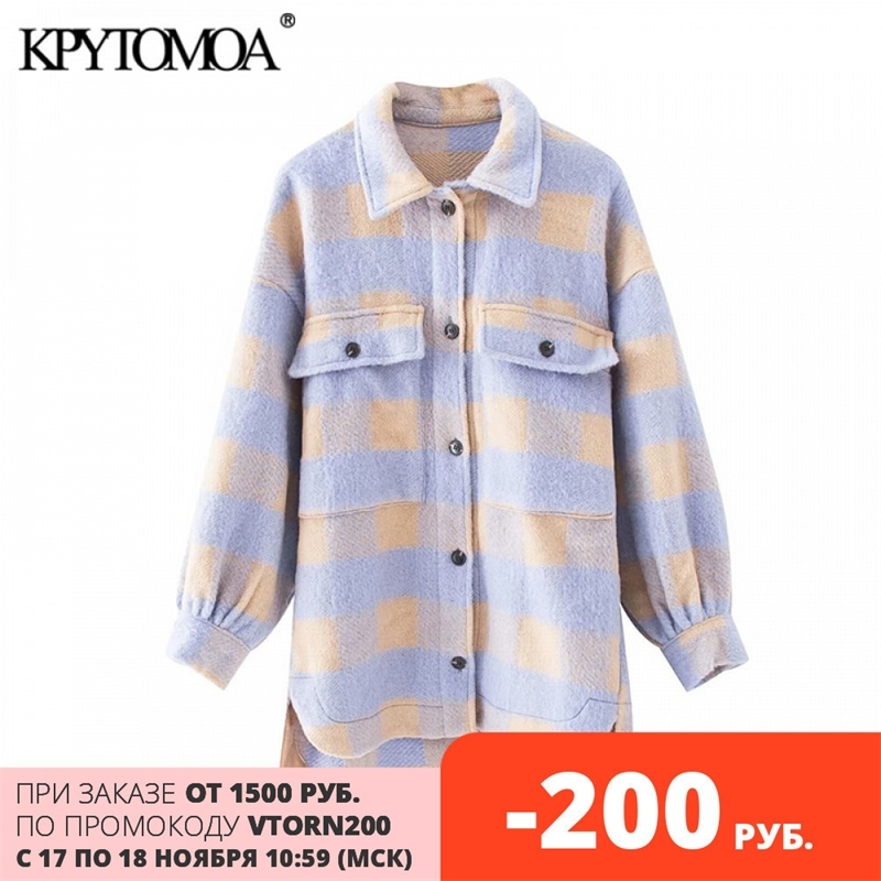 

KPYTOMOA Women Fashion Overshirts Oversized Checked Woolen Jacket Coat Vintage Pocket Asymmetric Female Outerwear Chic Tops 201120, As picture
