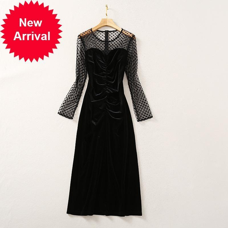 

New Autumn 2021 Winter in Velvet Knitted Vintage Dot Fine Wave Stylish Female Temperament Dressed As Party Dress 8J8T, Blue