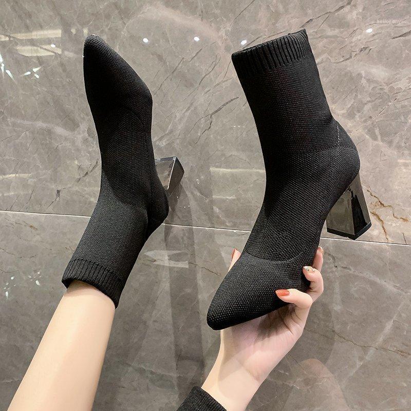 

Square Heel Keep Warm Knight Boots Women Pumps Sexy Pointed Toe Knitting Socks Boots Winter Women Shoes Zapatillas Mujer 20211, D121-black