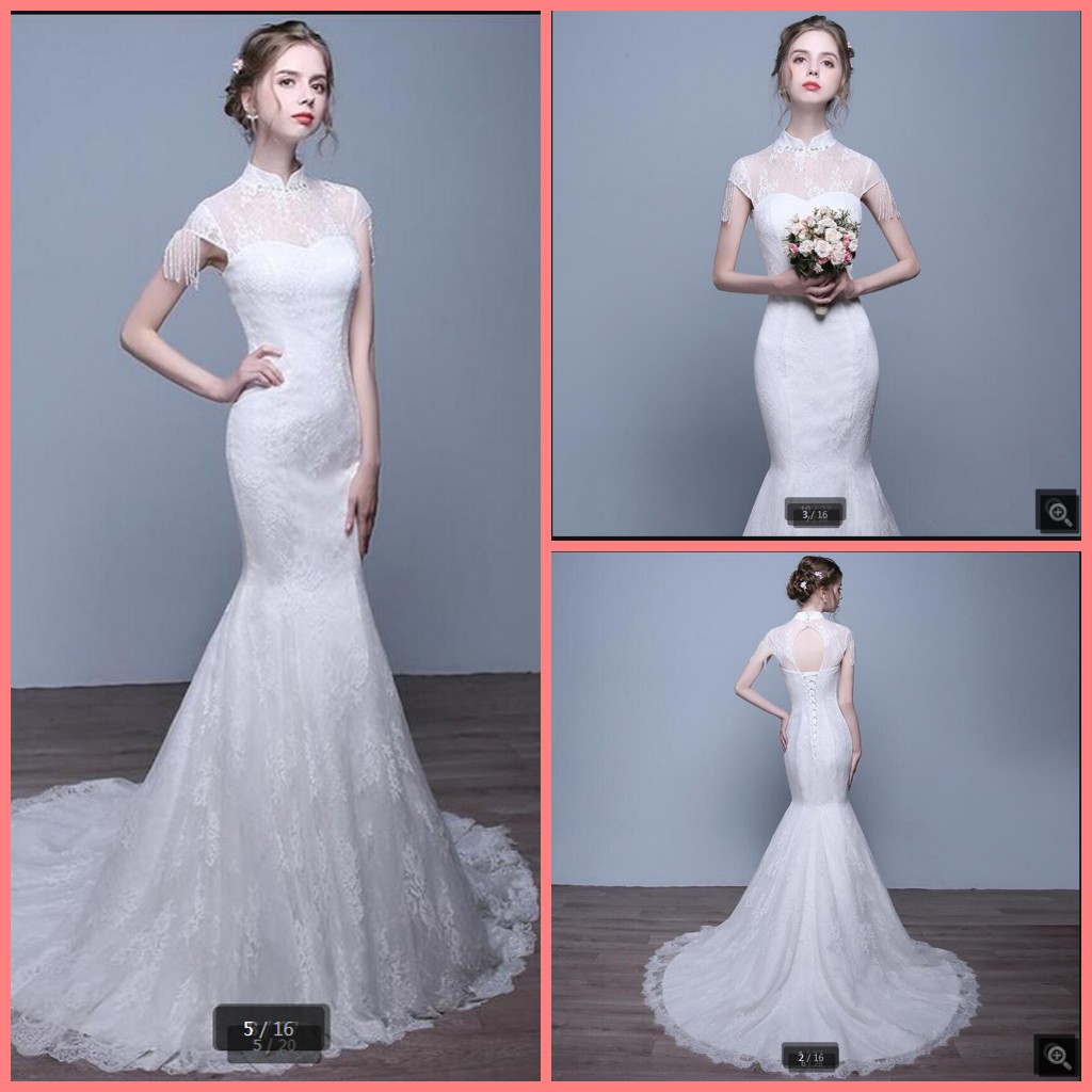 

2021 Attractive White lace mermaid high neck cap sleeve wedding dress hollow back sexy with corset beading formal bride dress hot sale, Same as image