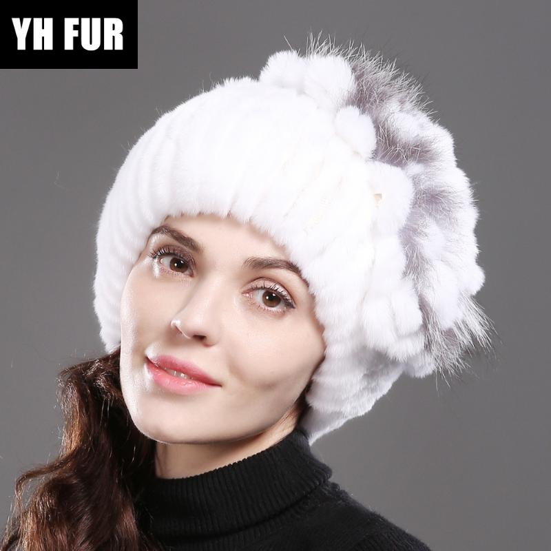 

Beanie/Skull Caps Fashion Real Genuine Rex Fur Cap Russian Winter Knitted Hat Women Skullies Beanie, White