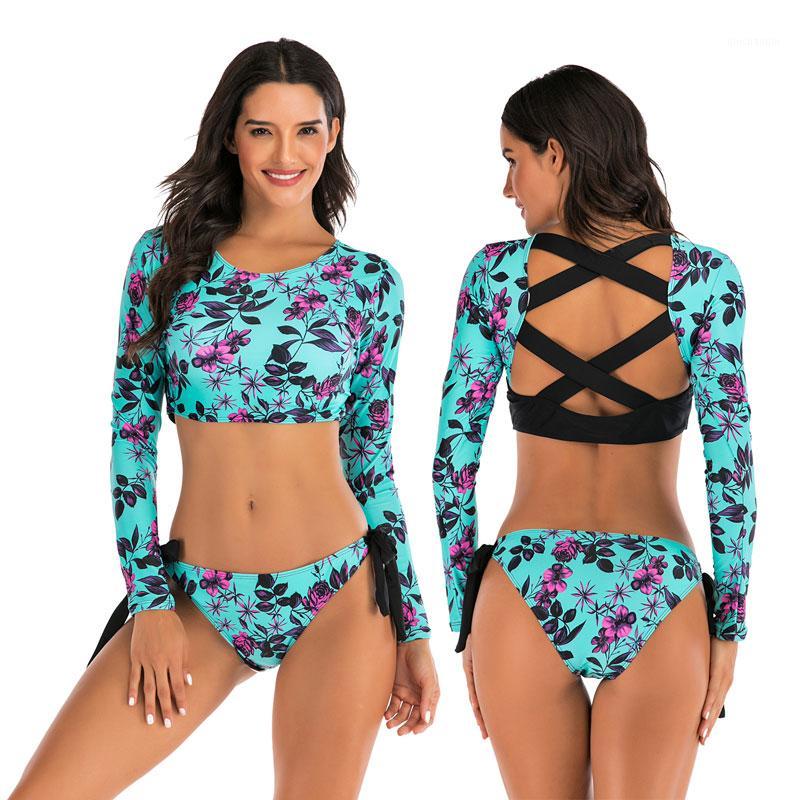 

Women' Swim Shirt Rashguard Long Sleeve Crop Top with Triple Bikini Tie Side Bottom Criss-cross Back Rash Guard Swimsuits 2pc1