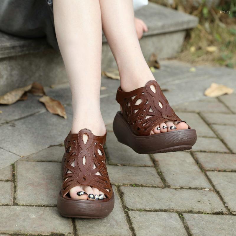 

Women Leather Sandals Wedge High Heels Women Shoes Summer Peep Toe Black Beach Sandals Genuine Leather Shoes Handmade20201