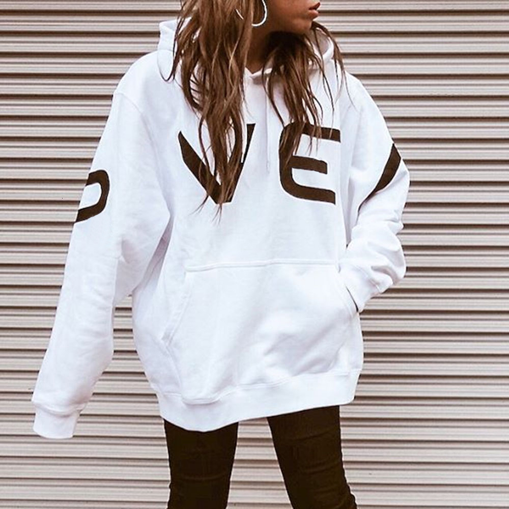 

2021 New White Letter Printed Hoodies Autumn Long Sleeve Oversized Sweatshirts Women Korean Streetwear Hooded Female Tops O7UN