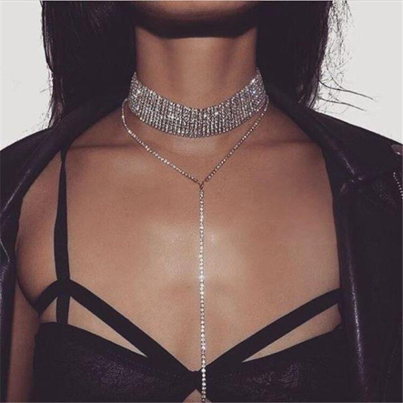 

Chokers European And American Fashion Personality Choker Neck Multilayer Beam Necklace Full Drill Sautoir Long Chain Women Jewelry