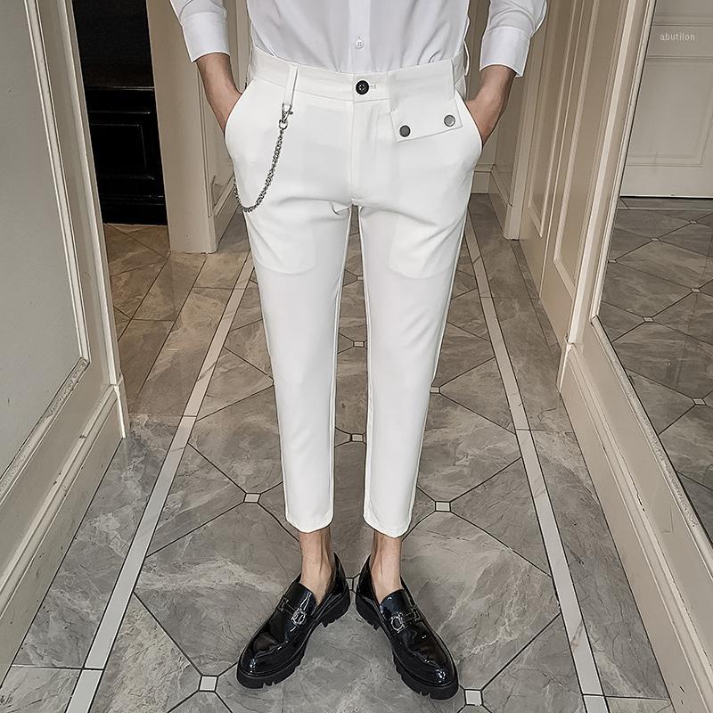 

2020 Chain Decoration Mens Slim Fit Business Dress Pants Casual Suit Pants Ankle Length Formal Wedding Trousers Pantalon Costume1, Black