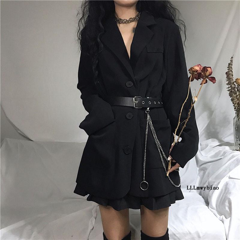 

2020 Autumn Office Lady Black Blazer Coat Women Harajuku Long Sleeve Vintage Medium-long Suit Jacket Ladies Tops With Belt Z412