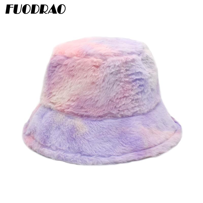 

FUODRAO New Original Winter Women Bucket Hats Tie dye Faux Fur Panama Warm Basin Cap Outdoor Fisherman Hat Girls M129, Blue