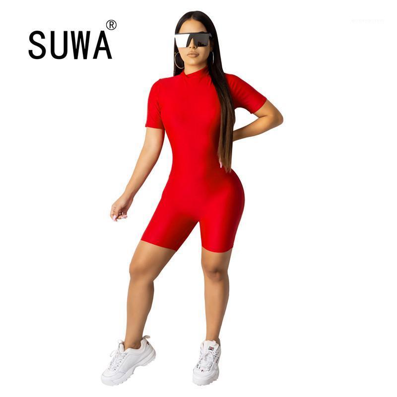 

2021 women fashion simple solid color round neck short sleeves top and hot shorts jumpsuits high street lady fashion playsuits1, Black