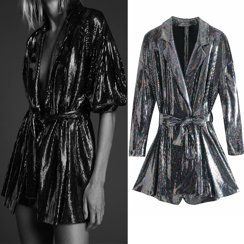 

2021 New Sequin Black Women Playsuit Sparkly Belt Puff Long Sleeve Short Jumpsuit Ladies Sexy Party Jumpsuits Aecu