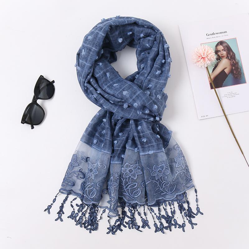 

LMLAVEN Plain pom cotton scarf hijab lace embroidered tassels scarves shawl autumn fashion women muslim headscarf 20pcs/lot1