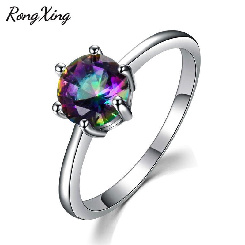 

RongXing Mystic Rainbow Round Zircon Six Claw Rings For Women Silver Color Multicolor CZ Ring Wedding Gifts RW1056