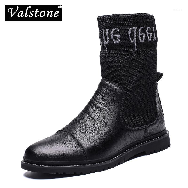 

Valstone Autumn Men's Quality Leather Boots Slip-on Elastic Stockings High-top Shoes Flats Fashion Casual Male Street Botas New1, Black without fur