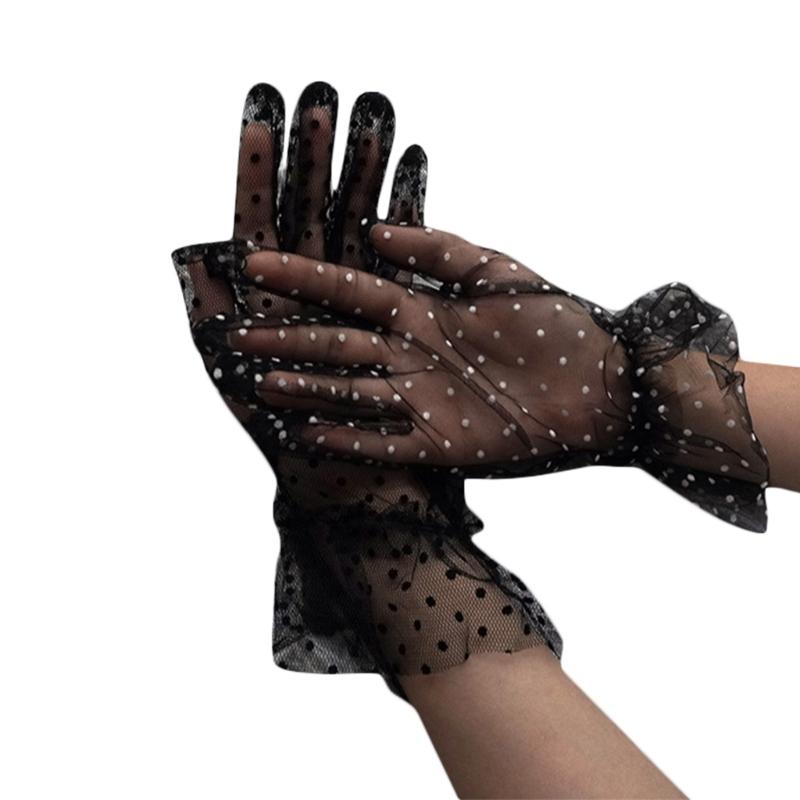 

Women Sheer Lace Short Tulle Full Finger Gloves Vintage Polka Dot Ruffled Mitten