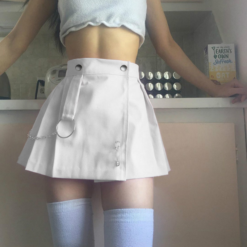 Girls High Waist Pleated Patchwork Mini Skirt Rivet Chains Clubwear Black White Skirts Autumn Harajuku Lolita Outfits-image-647971965