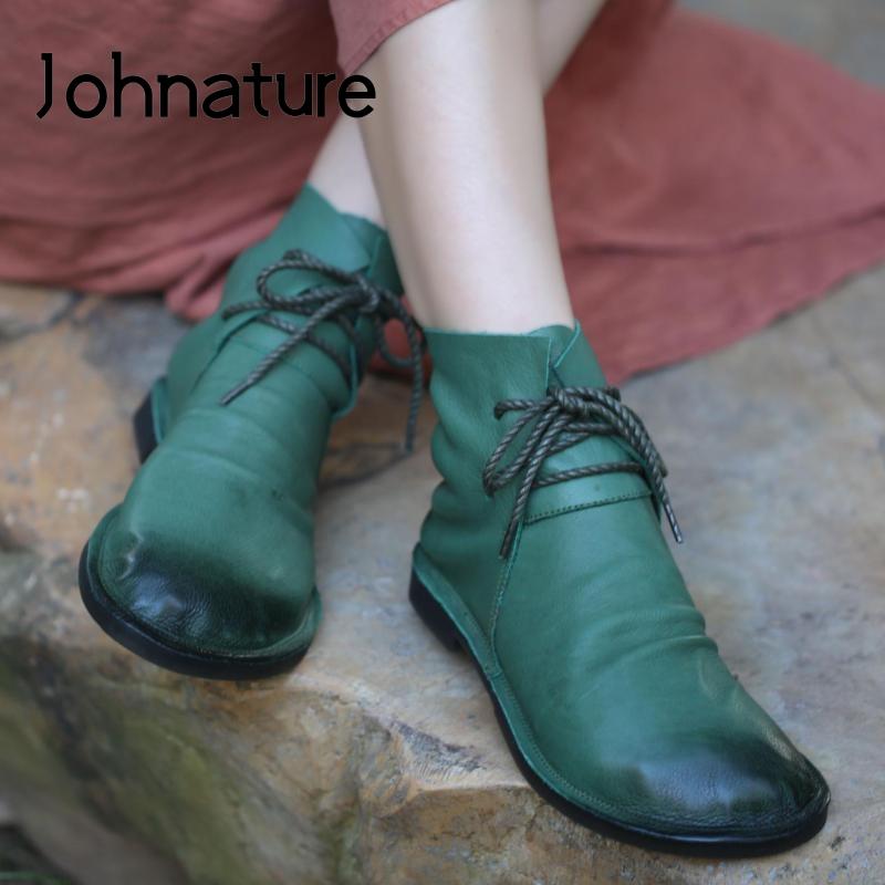 

Johnature Winter Boots Women Shoes Genuine Leather 2020 New Lace-up Flat With Round Toe Handmade Concise Ankle Platform Boots, Black