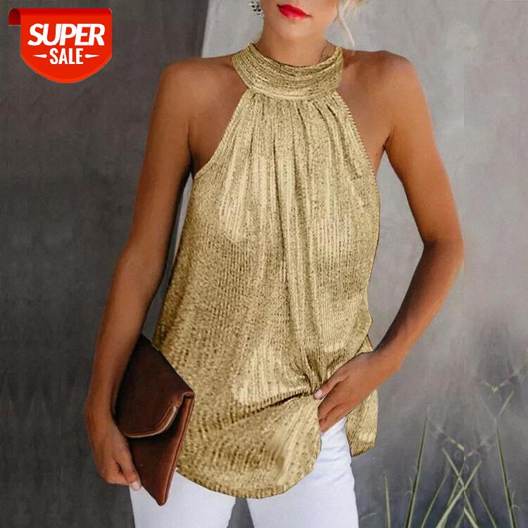 

Women Gold Blouse 2019 New Fashion High Neck Sleeveless Hatler Tank Top Vest Summer Casual Loose Blouse Shirt Tee #8T7S, White