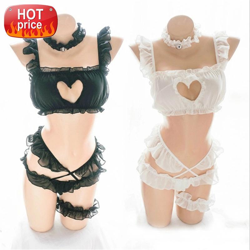 

Japanese Baby Doll Sexy Lingerie Womens Lolita Cosplay Costume Sexy Lace Erotic Costumes Kawaii Hollow Heart 5 Piece Set Pajamas #M958, Black;white