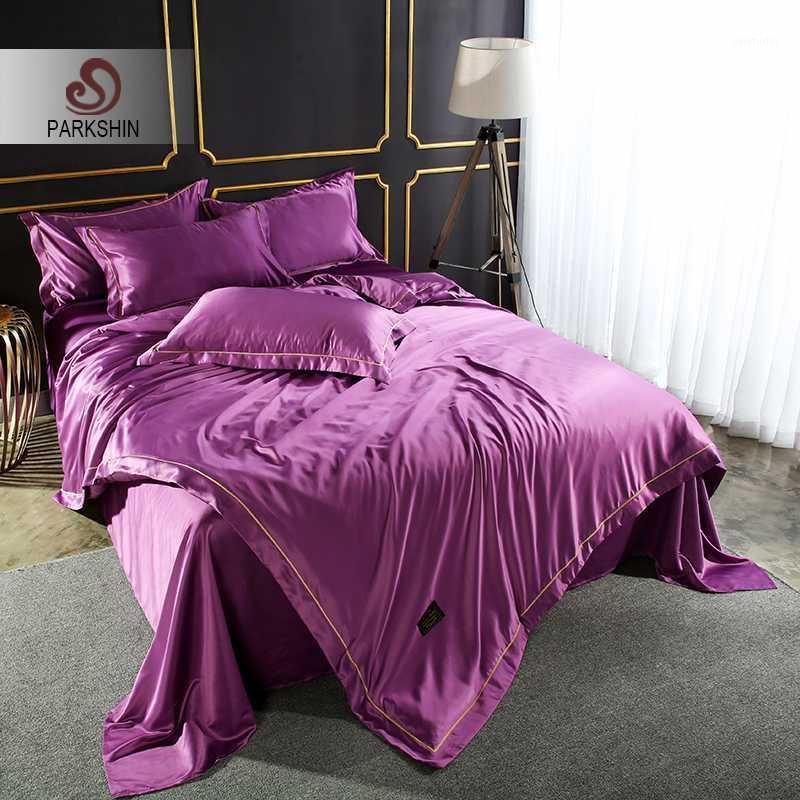 

ParkShin Purple Bedding Set 100% Silk Home Textiles Soft Comfort Duvet Cover Silky Bed Set With Flat Sheet 4pcs1, As pic