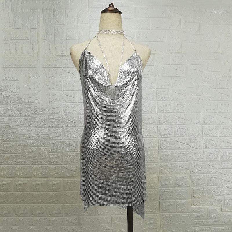 

Casual Dresses 2021 Metal Halter Night Club Summer Deep V-Neck Dress Women Beach Sequin Mini Sexy Party Vestidos1, Silver