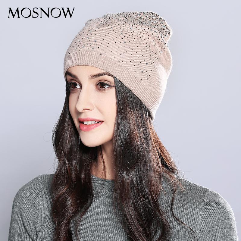 

MOSNOW Winter Beanie Women Knitted Cap Wool Rhinestones Fashion New Autumn 2020 Winter Hats Female Skullies Beanies #MZ714, White
