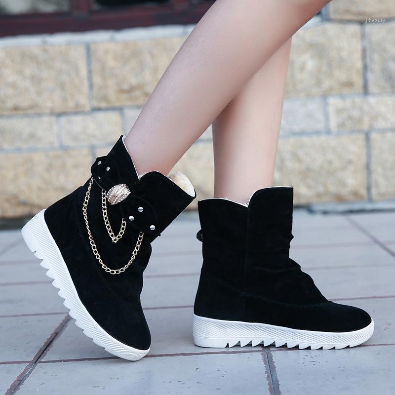 

Black New Women Casual Winter warm snow boots women Comfort Round Toe Bow Slip on flats Mid-Calf Boots mujer zapatos1