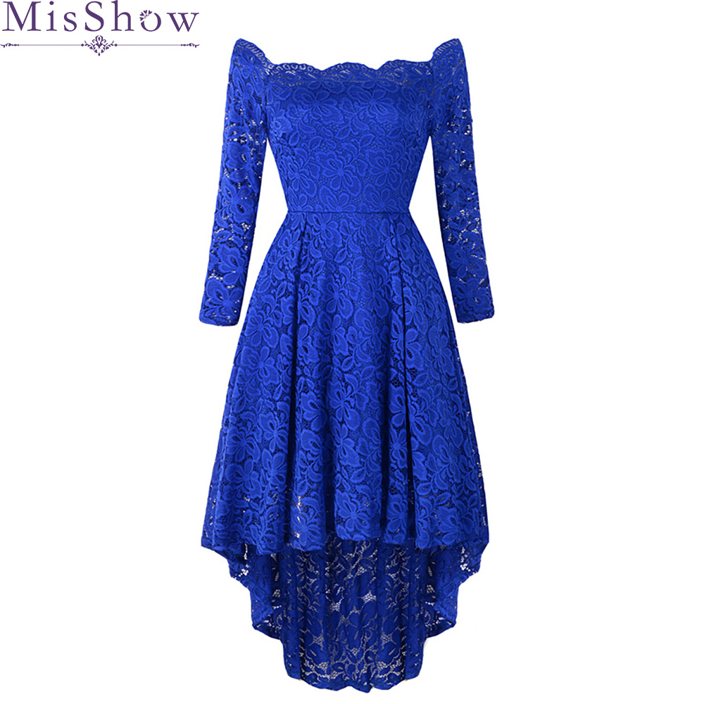 

2019 asymmetry homecoming dress Royal blue 3/4 Sleeve tea length Long gown women graduation lace homecoming dresses, Navy blue