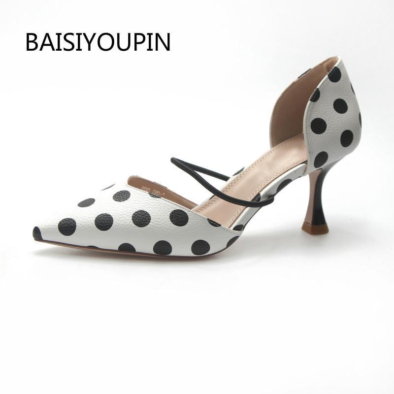 

New Fashion Pumps Party Female Sandals Shoes Wedding Slip-On Casual PU Leather Pointed Toe Sweet 7cm High Thin Heels Women Shoes1, Black dots