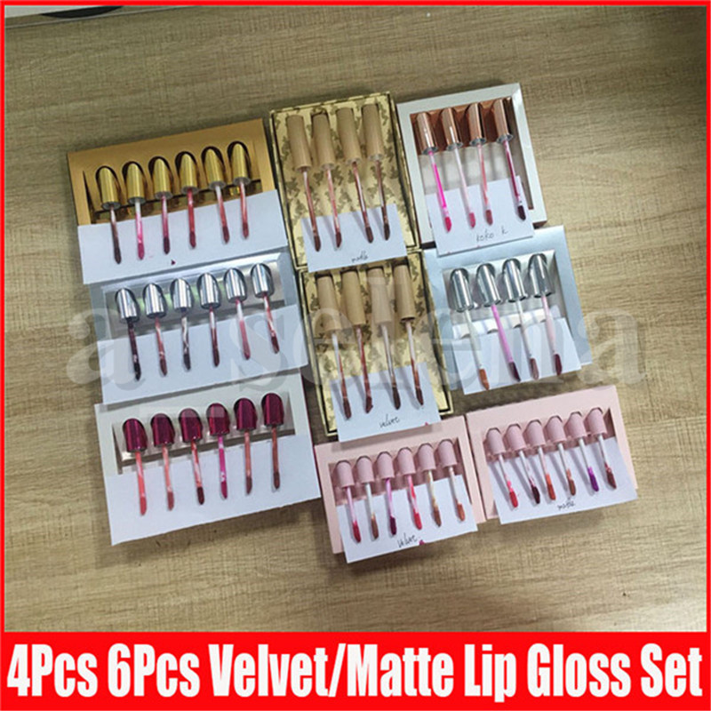 

9 Style Lip Makeup Birthday Collection Matte Velvet Liquid lipstick Lip Gloss Kit 6pcs/set Gold Silver Valentine Nudes Koko Lipgloss Set, 1#gold