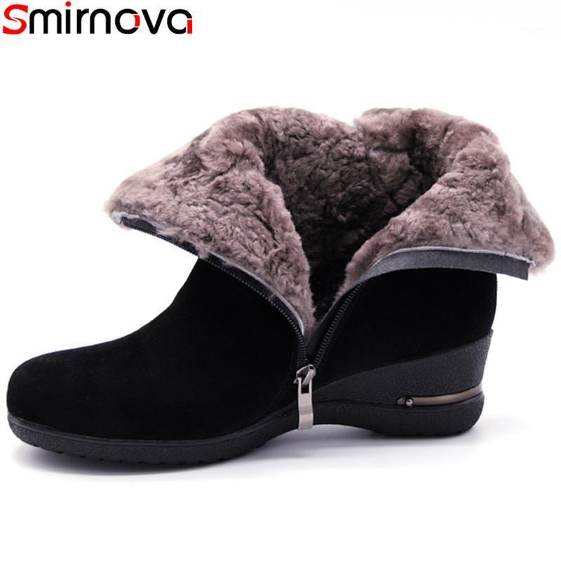 

Smirnova 2020 winter boots women round toe zip suede leather boots wedges shoes black keep warm snow ankle women1
