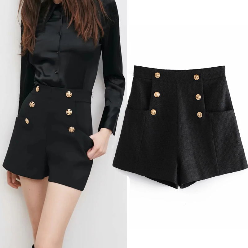 

2021 New Textured Black Winter High Waisted Women Vintage Wide Leg A-line Shorts Metal Button Ladies Elegant Short Re0p