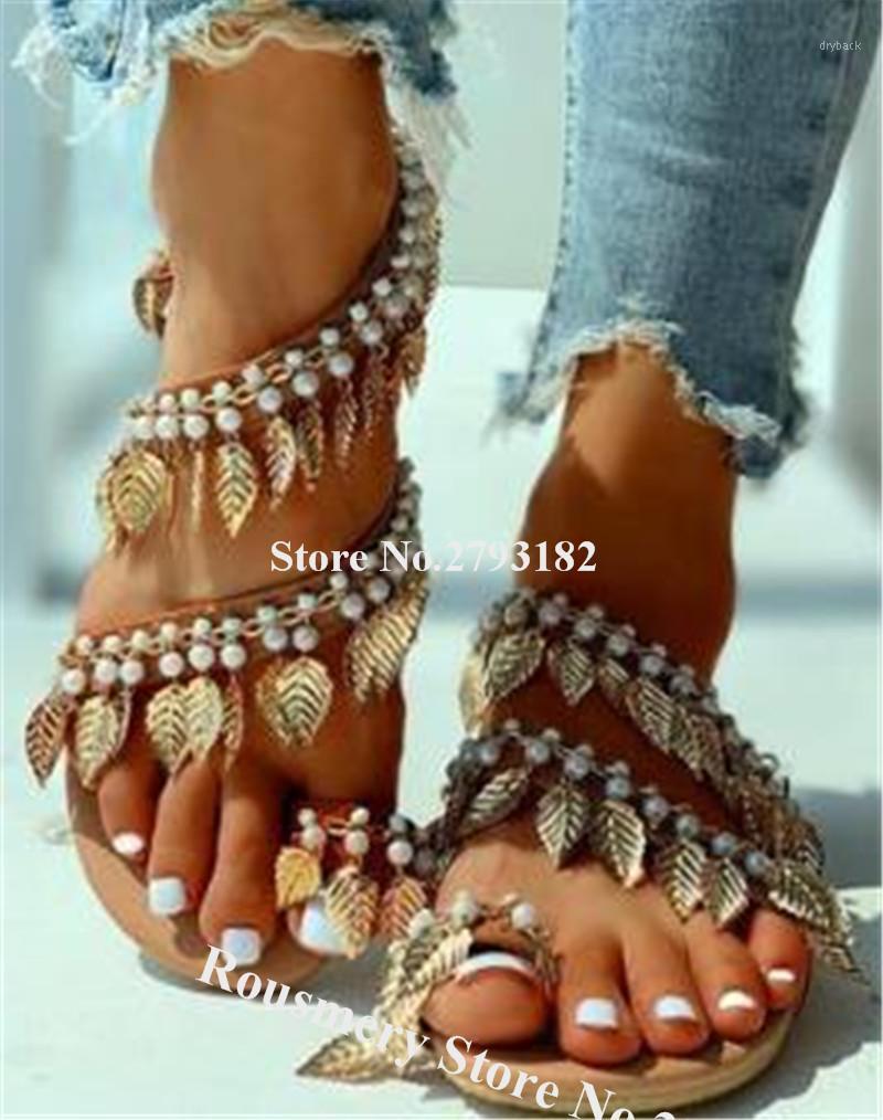 

Newest Bohemia Style Open Toe Click Toe Gold Leafs Decorated Flat Sandals Luxury Charming Beades Flat Sandals Wedding Shoes1, As picture