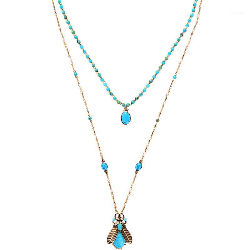

Chokers High Quality Fashion Jewelry Accessories Vintage Gold Metal Blue Stone Insect Necklace1