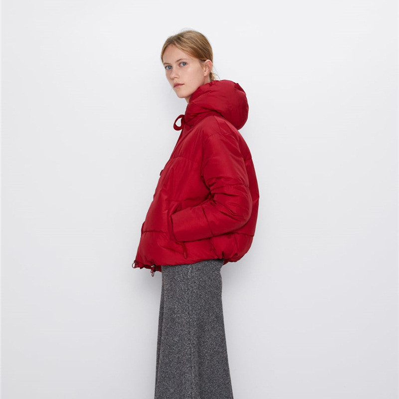 

2021 Female Cotton with Hoodie New Winter Fashion Short Parkas Color Pure Pocket Ziper Up Puffer Jacket High Street Red Clothes 1I1I, Navy blue.