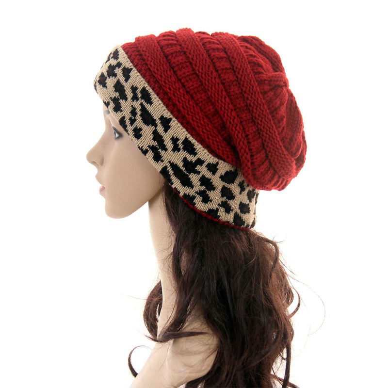 

Women Winter Warm Chunky Knit Skull Cap Leopard Cuffed Stretchy Baggy Beanie Hat 23GE, White