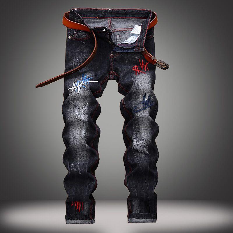 

Black New jeans men trousers male ribbon stretch jeans ripped homme splice men clothes 2020 streetwear for Autumn skinny hip hop