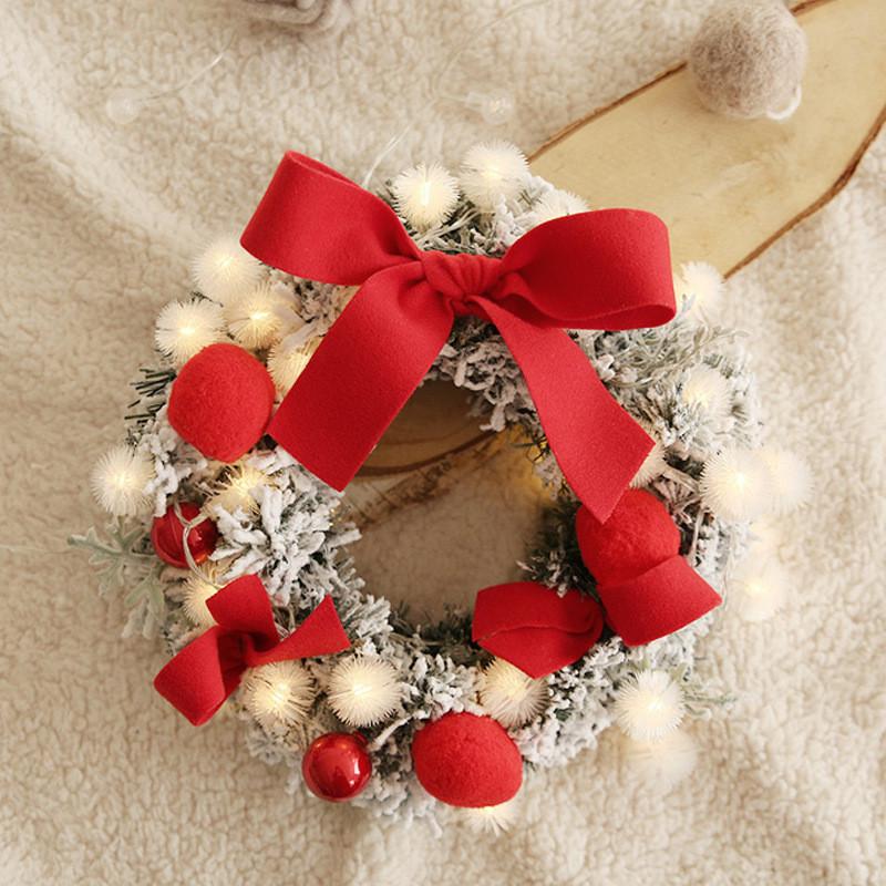 

Christmas Wreath Handmade Rattan Flocking Ball Garland Flower Xmas Tree Door Hanging Wreath with LED String Light Wall Decor, Red