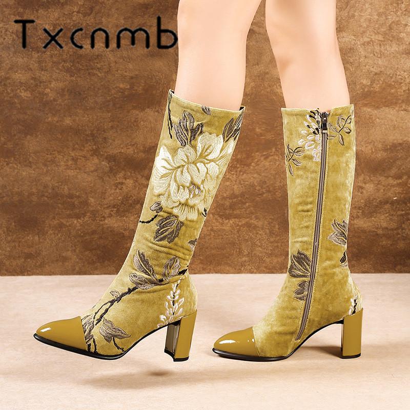 

TXCNMB New Vintage Print Pointed Toe High Heel Boots Women Knee High Boots Elegant Zipper Leather Party Prom Shoes Woman, Blue