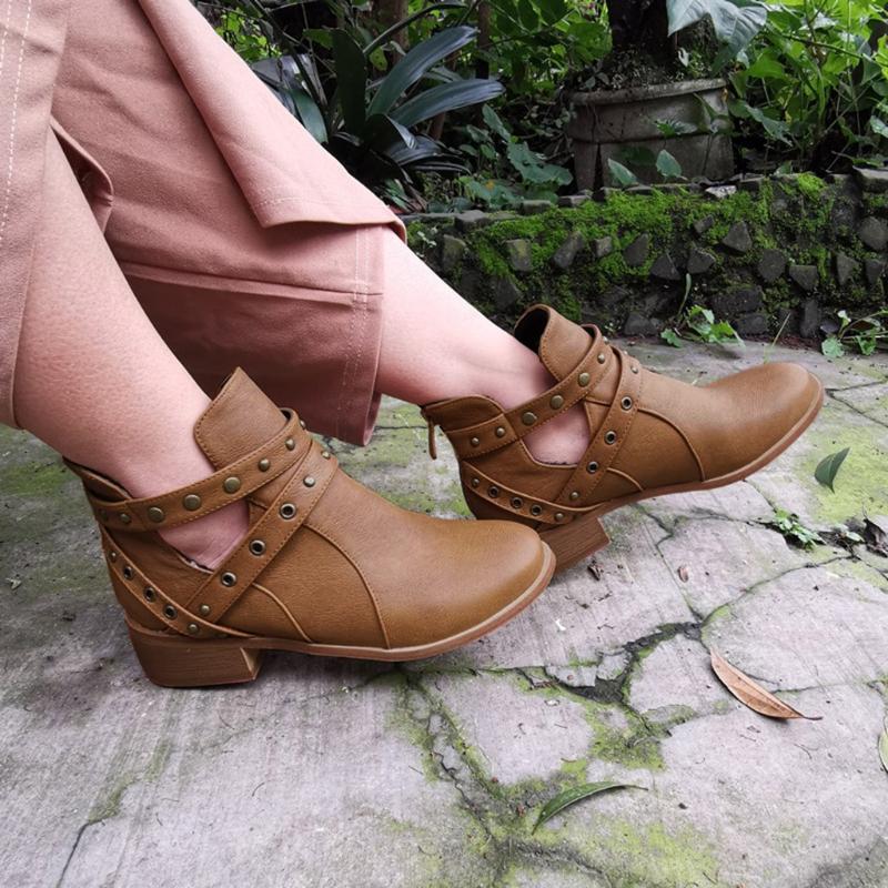 

Rivets low Heels boots Fashion Women Leather Zipper Solid Color Motorcycle Short Boot slip on Round Toe Shoes Plus size 35-43, Brown