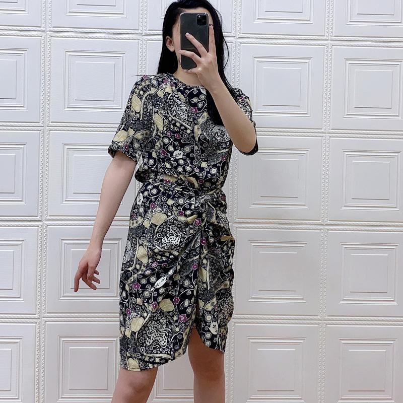 

2020 Spring Summer Women Dress Vintage Floral Print Ladies Short Sleeve O-neck Female Slim Pleated Zipper Dresses For Holiday, Picture 2