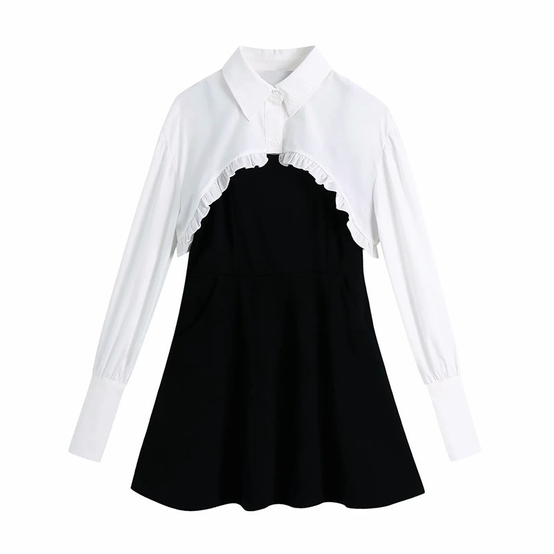 

2021 New Patchwork Black Mini Knitted Women Long Sleeve Chic Woman Dress Fashion Streetwear Crop White Shirt 2 Piece Set Eosr